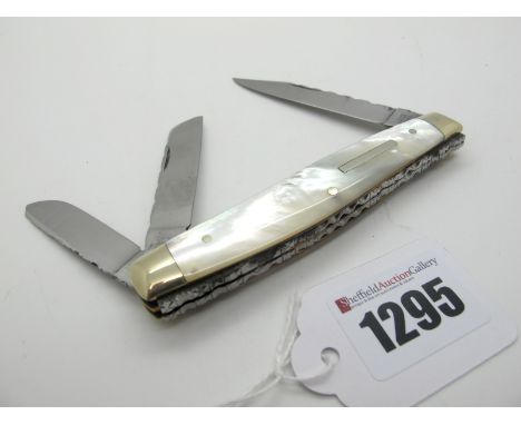 A Stan Shaw Three Blade Whittler, with mother of pearl scales, worked to back of blades and both sides of springs, 10cm long.