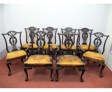A Set of Eight Mahogany Chippendale Style Dining Chairs, six single and two carver, with carved and shaped top rail, pierced 