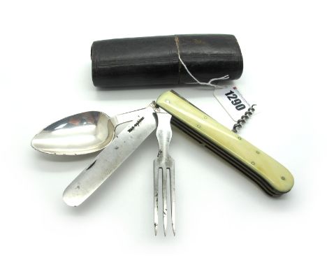 A Late XVIII Century Campaign Set, with folding knife, fork, spoon and corkscrew, ivory scales, 12.5cm long, contained in a l