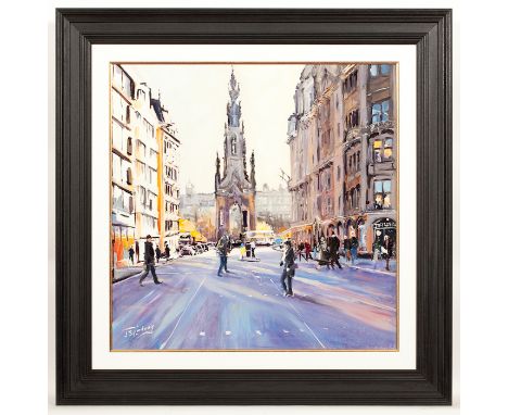  JAMES SOMERVILLE LINDSAY, AUTUMN LIGHT, SCOTT MONUMENT, EDINBURGH oil on canvas, signed 75cm x 75cm Framed 