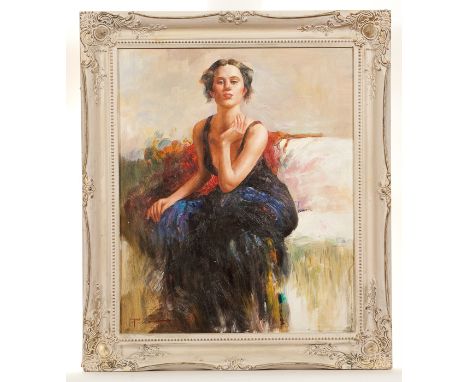  AFTER PINO DAENI (ITALIAN / AMERICAN 1939 - 2010), PORTRAIT OF A YOUNG WOMAN oil on canvas board, signed 60cm x 49cm Framed 