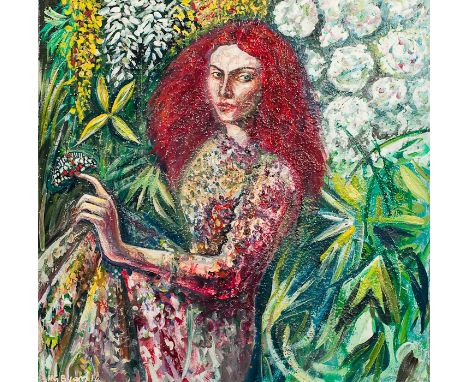  HUGH GERARD BYARS, LADY WITH A BUTTERFLY oil on canvas, signed and dated `14 100cm x 100cm Unframed Note: Byars trained at T