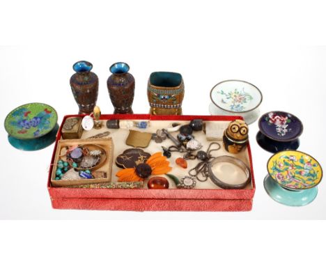 A pair of small cloisonné baluster vases;&nbsp;a cloisonné posy pot; various other cloisonné and enamel items including a fou