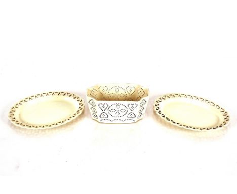 A pair of Leeds type creamware oval dishes,&nbsp;having pierced lattice borders; and a Wedgwood oval planter with pierce hear