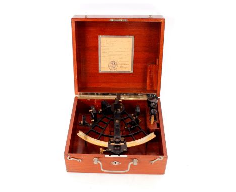 A sextant,&nbsp;by W Loudolph, in fitted mahogany case, labelled Bremerhaven 1928, brass and silvered scale&nbsp;