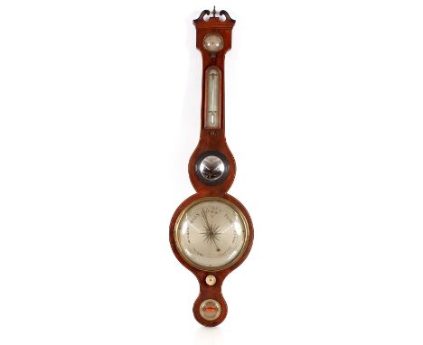 A 19th Century mahogany and boxwood strung banjo shaped barometer,&nbsp;having silvered dial and central convex mirror, Brain