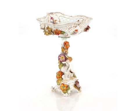 A Continental&nbsp;porcelain table centre piece, comprising basket with pierced borders and foliate decoration, raised on a f