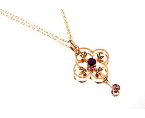 A 9ct gold pendant, on fine link chain set amethyst and peridot coloured stones, approx. 4gms