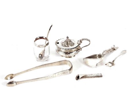 A pair of Georgian silver&nbsp;bright cut decorated&nbsp;sugar tongs;&nbsp;a silver mustard pot; a silver posy holder; Dutch 