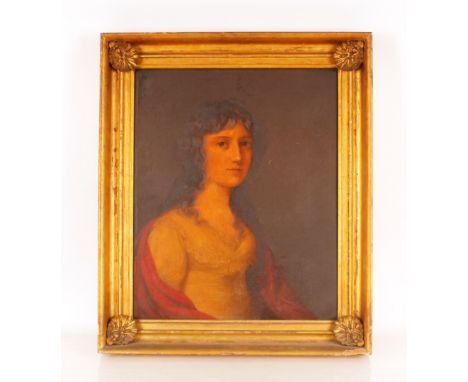 19th Century&nbsp;school, half length portrait study of a young girl with ringlets in her hair wearing a red cloak, unsigned 