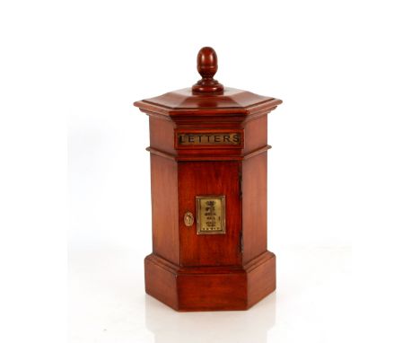 A mahogany replica country house letter box, of octagonal form surmounted by a turned finial, 47cm high