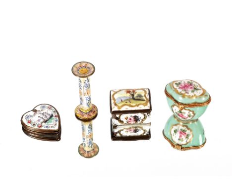 An 18th Century enamel patch box, of waisted form AF; an enamel heart shaped patch box cover decorated with an American ship;