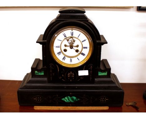 A 19th Century French marble cased mantel clock,&nbsp;of architectural form, having Malachite inserts, the circular white ena