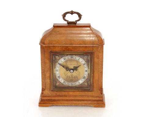 A burr walnut&nbsp;cased Alexander Clark &amp; Co. Elliott alarm clock,&nbsp;with presentation plaque, 22cm high overall&nbsp