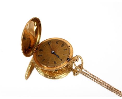 A yellow metal and enamel decorated Hunter fob watch,&nbsp;hung to a fine link chain with key, approx. 20gms total weight