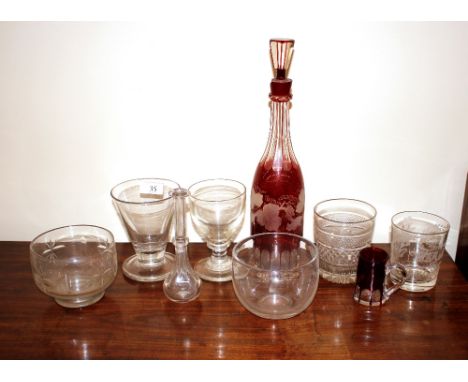 Two antique glass rummers;&nbsp;two finger bowls; a glass brandy lifter; two tumblers; a ruby flash decanter with vine decora