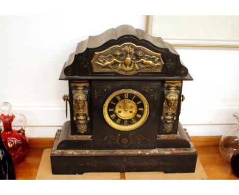 A 19th Century French marble and gilt metal mounted mantel clock,&nbsp;of large proportion, the architectural style case with