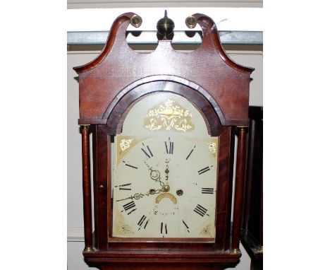 A 19th Century oak long cased clock,&nbsp;having painted dial supporting an 8 day movement striking on a bell, the hood surmo