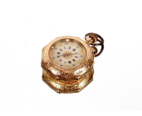 A 14ct gold fob watch,&nbsp;with foliate engraved decoration, the dial with enamel numerals and floral scrolls&nbsp;