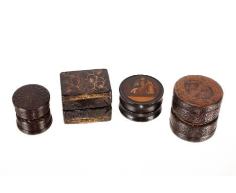 A 19th Century circular&nbsp;Papier Mâché box and cover,&nbsp;the lid decorated with an interior scene; a circular horn box a