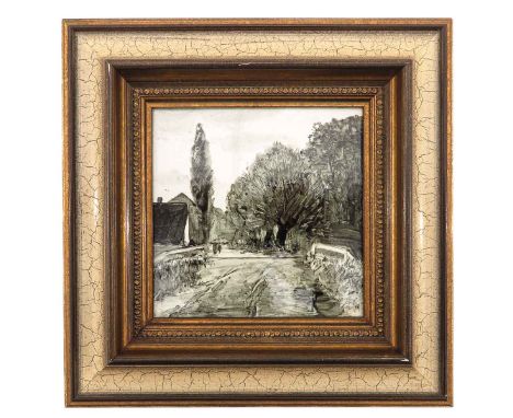 Rozenburg The Hague, 1887, depicting a landscape, dimensions of tile with frame 30 x 30 cm.