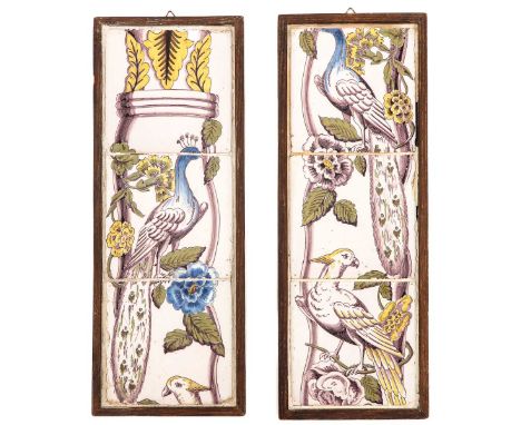 2 pieces of tile tableaus, 18th century, depicting peacocks, 16 x 44 cm.