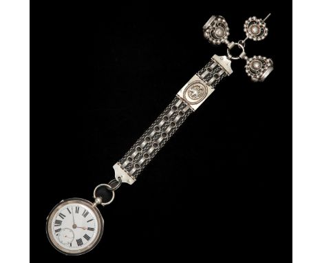 with chatelaine and signets, silver, case diameter 56 mm., chatelaine length 23 cm., total weight 204 grams