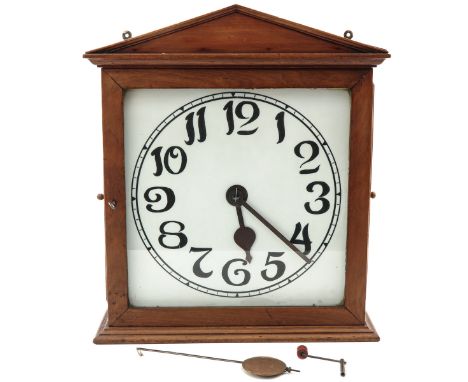 mahogany wood, with a transparent milk glass dial, clockwork with fusee/chain, winding via a side door on the side, equipped 