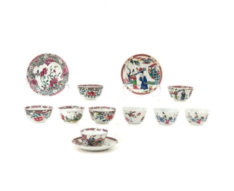 In a variety of Famille Rose decors, Yongzheng Period, saucers are 12 cm. in diameter, chip and hairline.