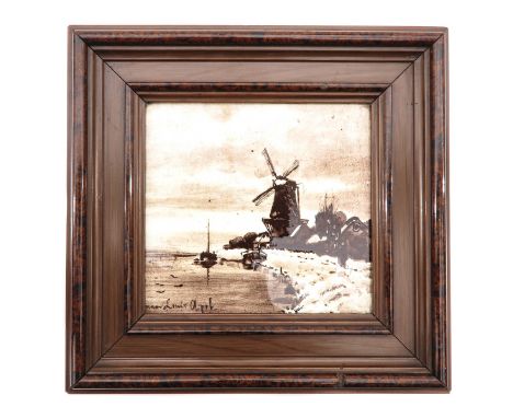 Rozenburg The Hague, depicting windmill, signed Apol, dimensions tile with frame 23 x 23 cm.