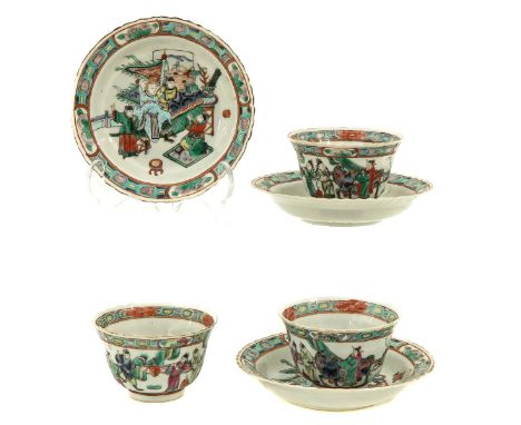 Decorated with Chinese warriors, 18th Century, saucers are 13 cm. in diameter, chip.