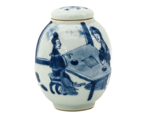 Depicting Chinese ladies playing games around a table with garden scene, Kangxi Mark and Period, 9 cm. tall, hairline in cove