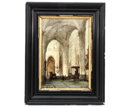 Rozenburg The Hague, signed Bosboom, depicting the church interior, 1896 - 1897, dimensions of tile with frame 63 x 81 cm.