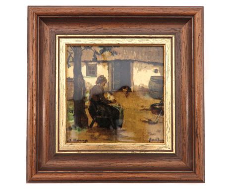 Rozenburg The Hague, ca. 1900, signed J.E. Akkeringa, depicting a lady sitting in a chair, dimensions of the tile with frame 