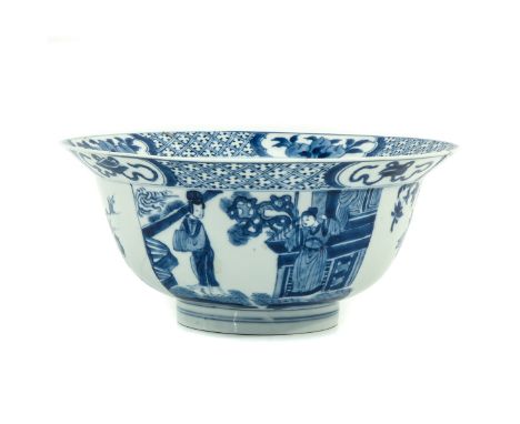 Decorated with scenes of Chinese figures and scenes in garden, Kangxi Mark and Period, 22 cm. in diameter, restored. 