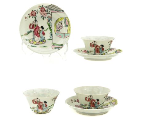 Decorated with Chinese figures, saucers are 11 cm. in diameter, in diverse conditions.