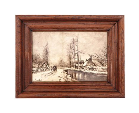 Rozenburg The Hague, depicting landscape, signed Apol, dimensions tile with frame 41 x 31 cm.