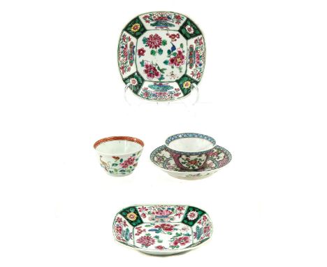 Including 2 cups and 3 saucers in a variety of decors, including 18th Century, largest saucer is 12 cm. in diameter.