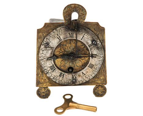 small model, verge escapement, 18th century, made of bronze with silver-plated chapter ring, height 12 cm.