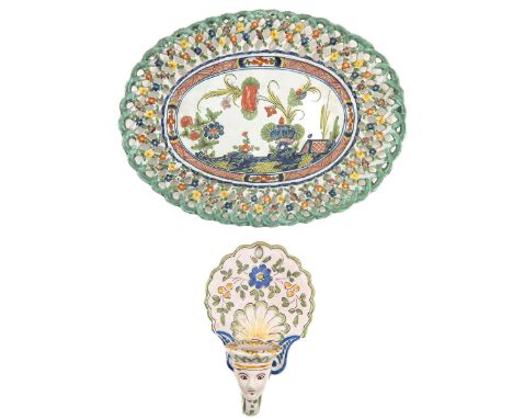 consisting of candlestick, as wall applique with a man's face as candle holder, France, ca. 1800, height 17 cm. and a dish wi