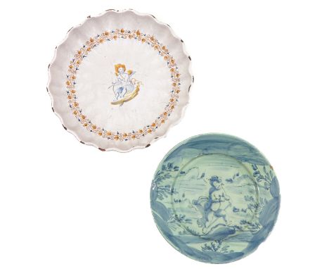 consisting of a dish, Faenza, Italy, 16th century, with a decoration of a putto with bow and arrow and a border of light brow