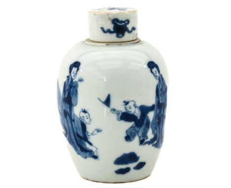 Depicting Chinese ladies and children in garden, Kangxi Mark and Period, 12 cm. tall, hairline in cover.