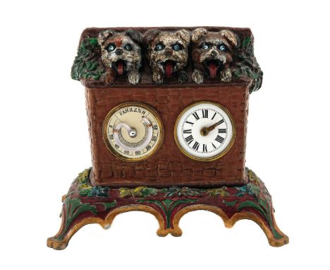 metal with 3 dogs, the dogs stick their tongues out on the pendulum movement, with mercury thermometer, signed J. Mayer Furtw