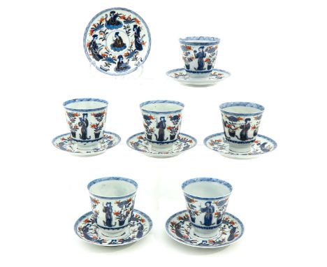 13 pieces, decorated with ladies and flowers, saucers are 13 cm. in diameter, chip and hairline.