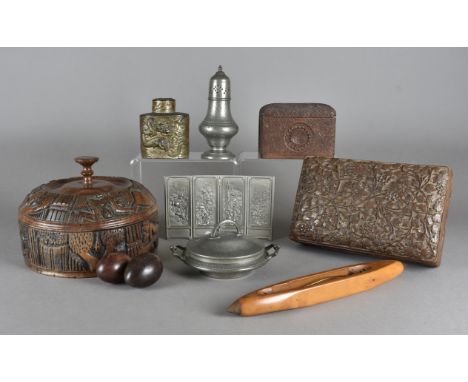 A collection of miscellaneous items, including three carved wooden boxes, a Chinese pewter tea caddy, various other items of 