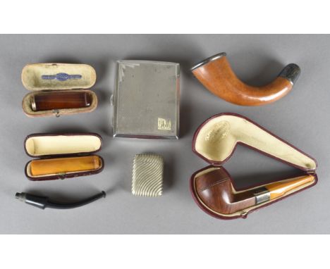 Smoking ephemera, to include a silver engine turned cigarette case monogrammed WPG, with gilt interior, a cased pipe with bri