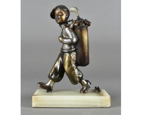 An art deco novelty spelter table light, by Lorenzal modelled as a golf caddy with removable club striker on onyx base, 21 cm