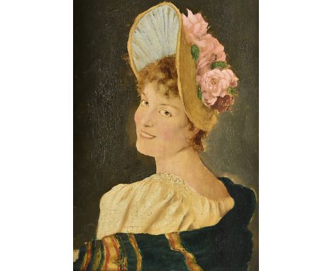 Continental School, 19th Century, oil on board, portrait of a beauty, Harris & Son picture restorers and framers Bath label v