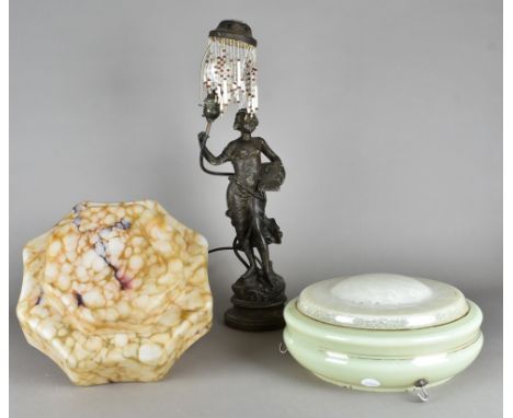 A circular opaque green glass deco ceiling shade, 30 cm diameter together with a shaped mottled orange example 31 cm and a fi