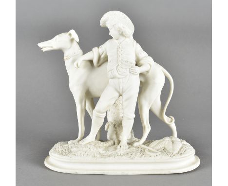 A 19th Century Parian figure, modelled as a boy standing against a large greyhound, on an oval naturalistic base, 19 cm high 
